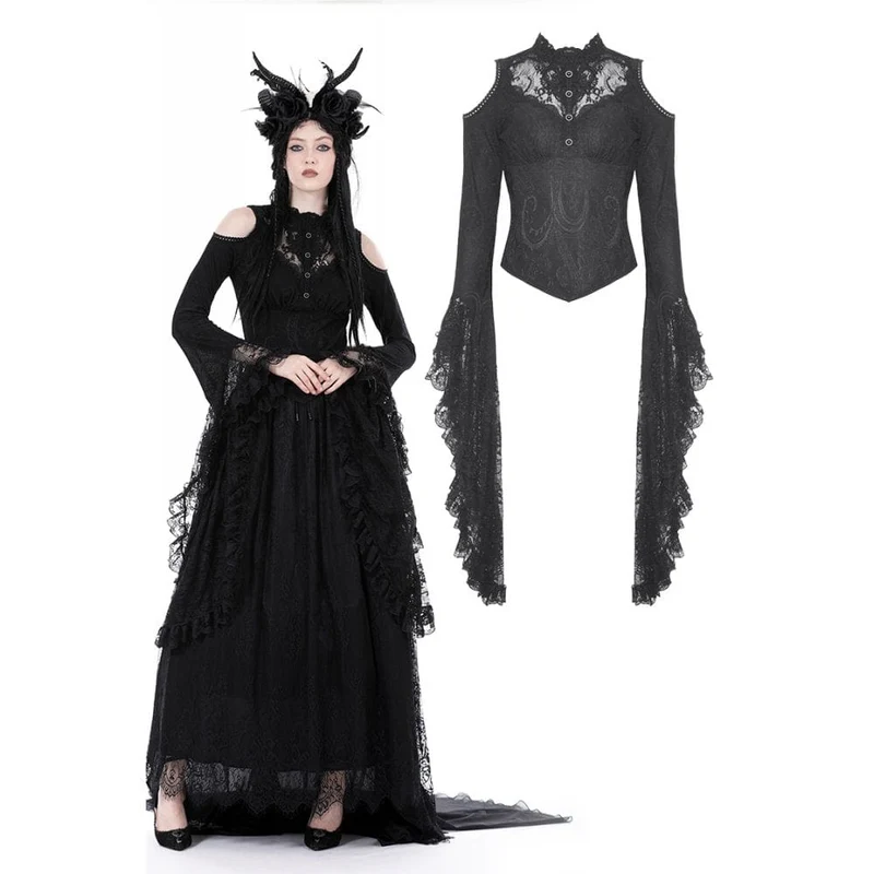 Schulterfreie Gothic-Bluse mit ausgestellten Ärmeln und Spitze für Damen