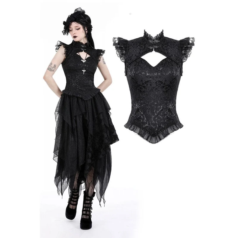 Damen-Tanktop mit Rüschen und Gothic-Ausschnitt und Stehkragen