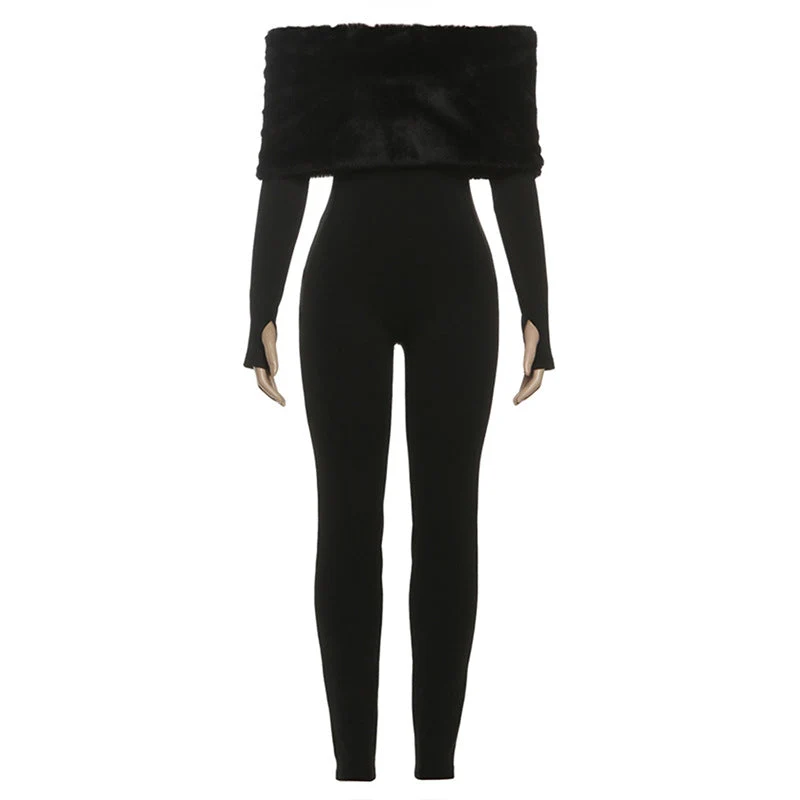 Off shoulder long sleeve fluffy jumpsuit