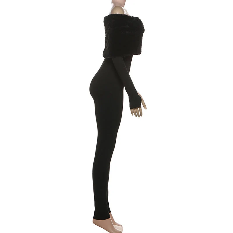 Off shoulder long sleeve fluffy jumpsuit