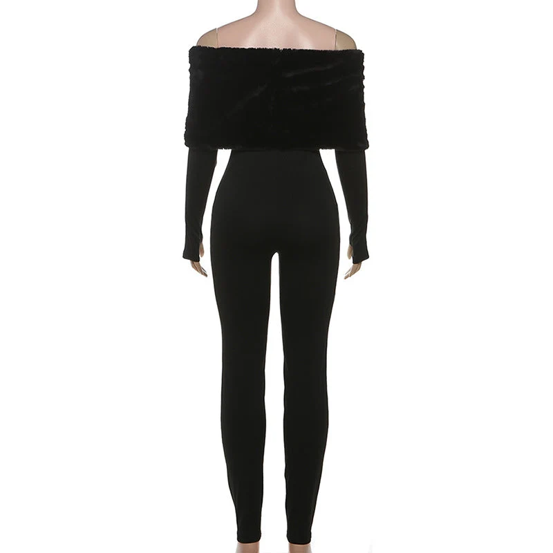 Off shoulder long sleeve fluffy jumpsuit
