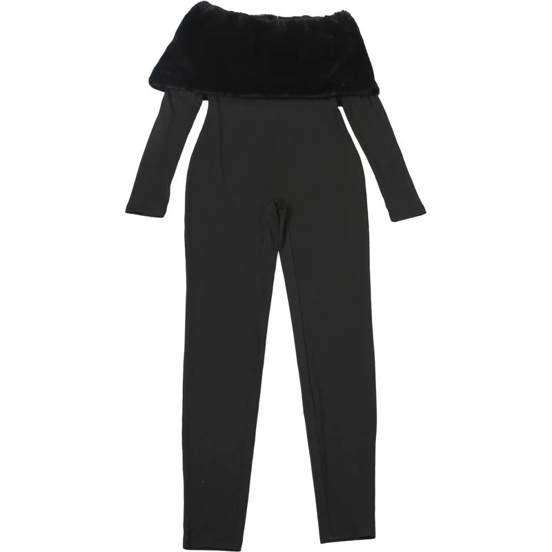 Off shoulder long sleeve fluffy jumpsuit