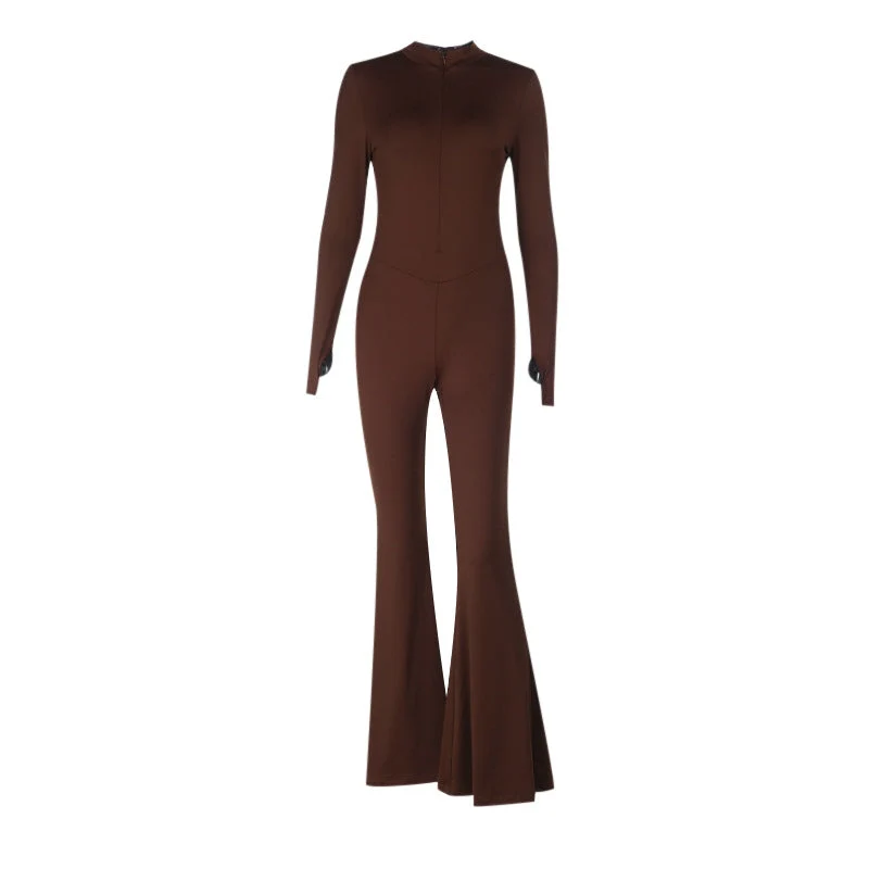 Gloves long sleeve crewneck zip-up solid jumpsuit