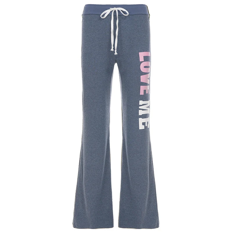 Drawstring letter pattern low rise straight leg pant