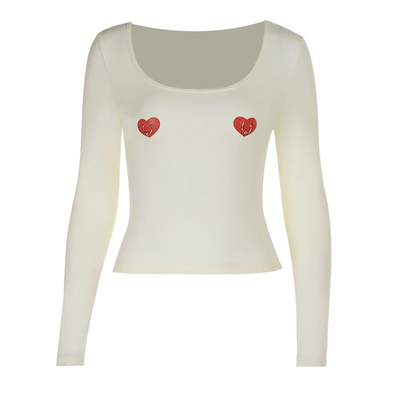 U neck long sleeve sweetheart print o ring top