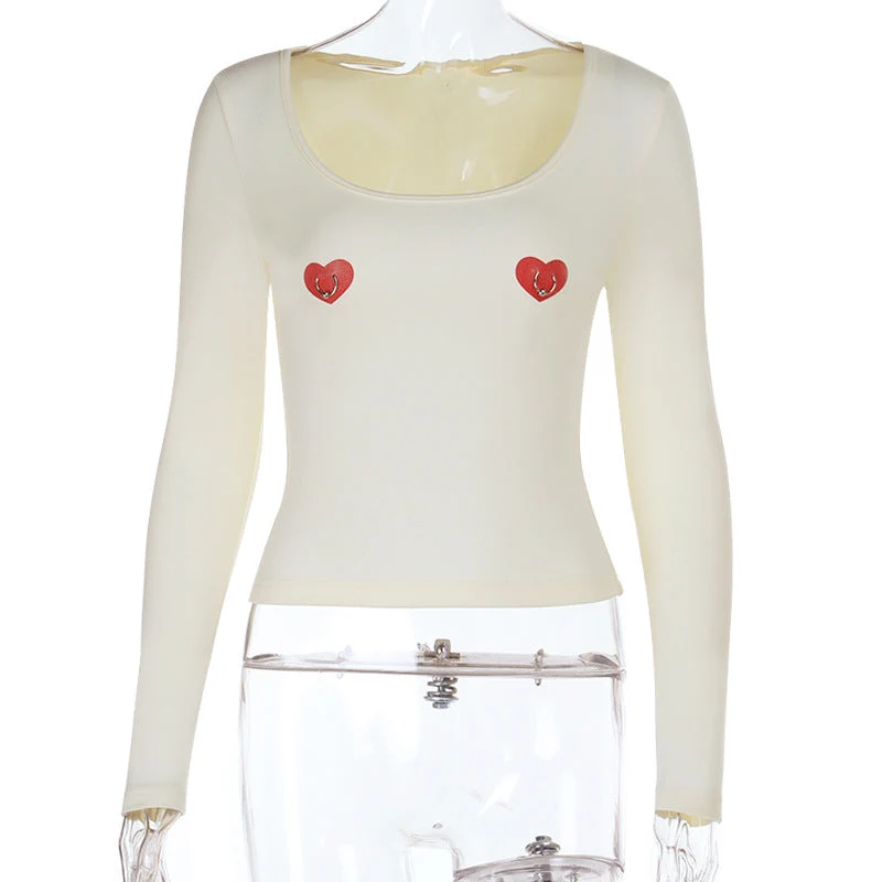U neck long sleeve sweetheart print o ring top