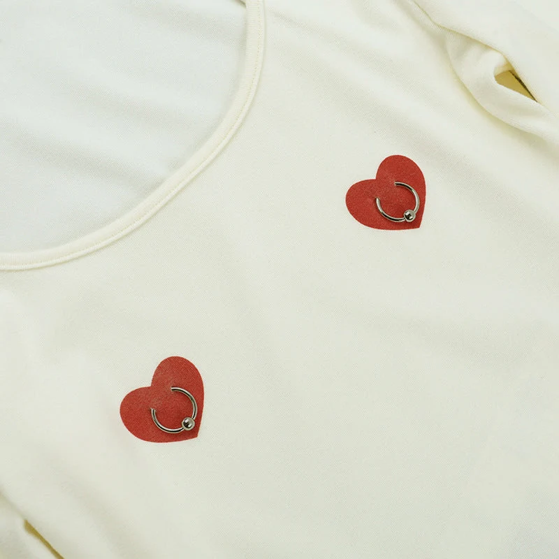 U neck long sleeve sweetheart print o ring top