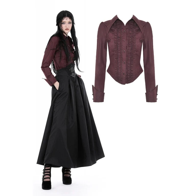 Damen-Gothic-Hemd mit Umlegekragen und Rüschen, Rot
