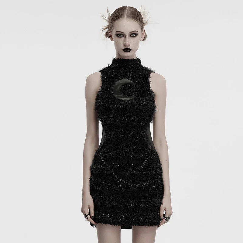 Schwarzes Gothic-Abendkleid mit Stehkragen und Kunstpelzbesatz für Damen