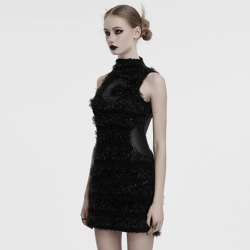 Schwarzes Gothic-Abendkleid mit Stehkragen und Kunstpelzbesatz für Damen