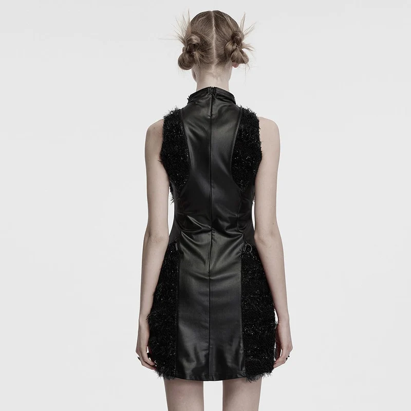 Schwarzes Gothic-Abendkleid mit Stehkragen und Kunstpelzbesatz für Damen