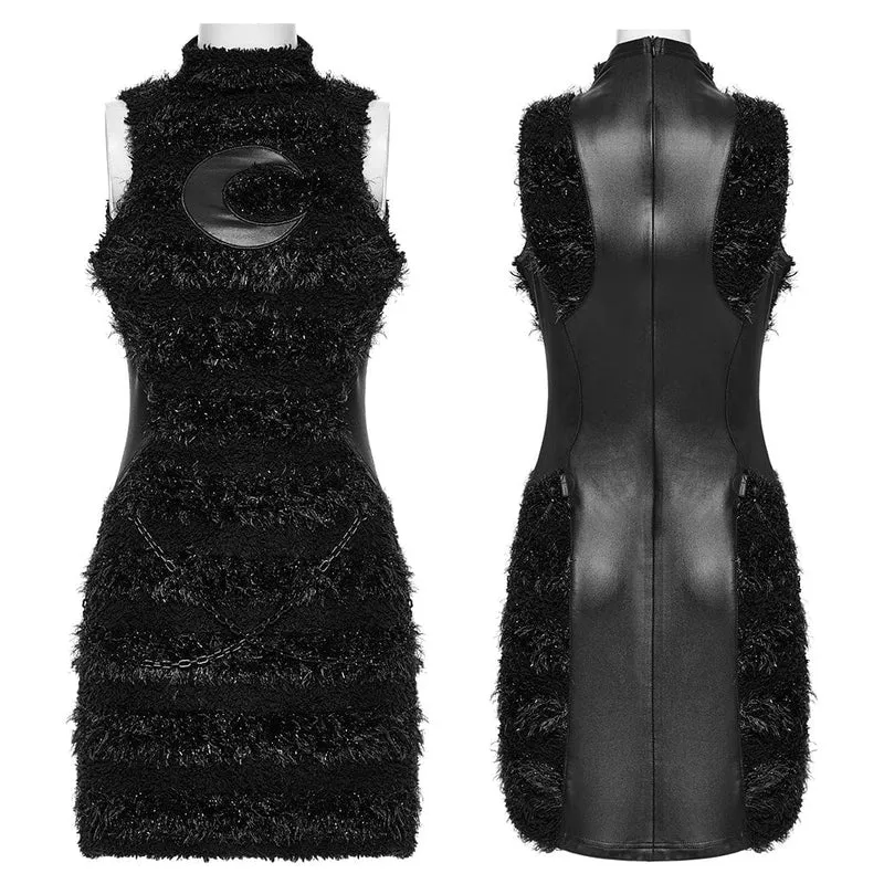Schwarzes Gothic-Abendkleid mit Stehkragen und Kunstpelzbesatz für Damen