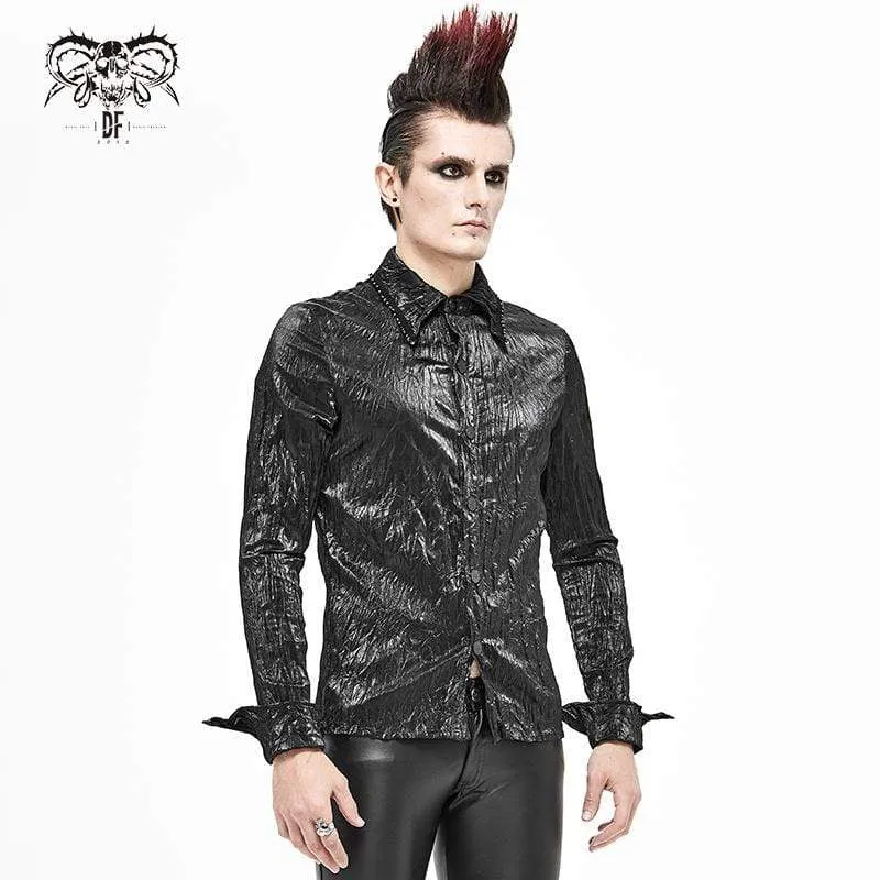 Herren Gothic Vintage Drape Kunstleder Schwarzes Hemd