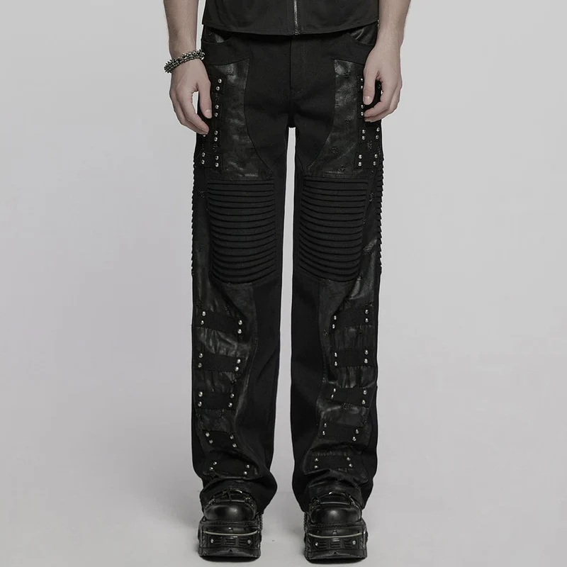 Herren Punk Plissee Kunstleder Gerade Hose