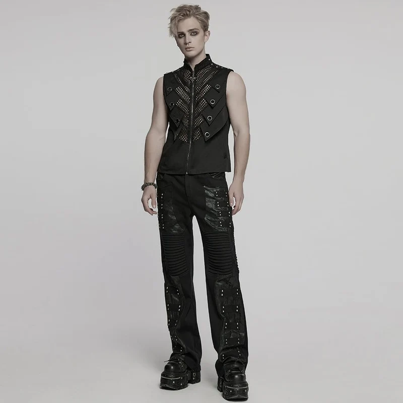 Herren Punk Plissee Kunstleder Gerade Hose