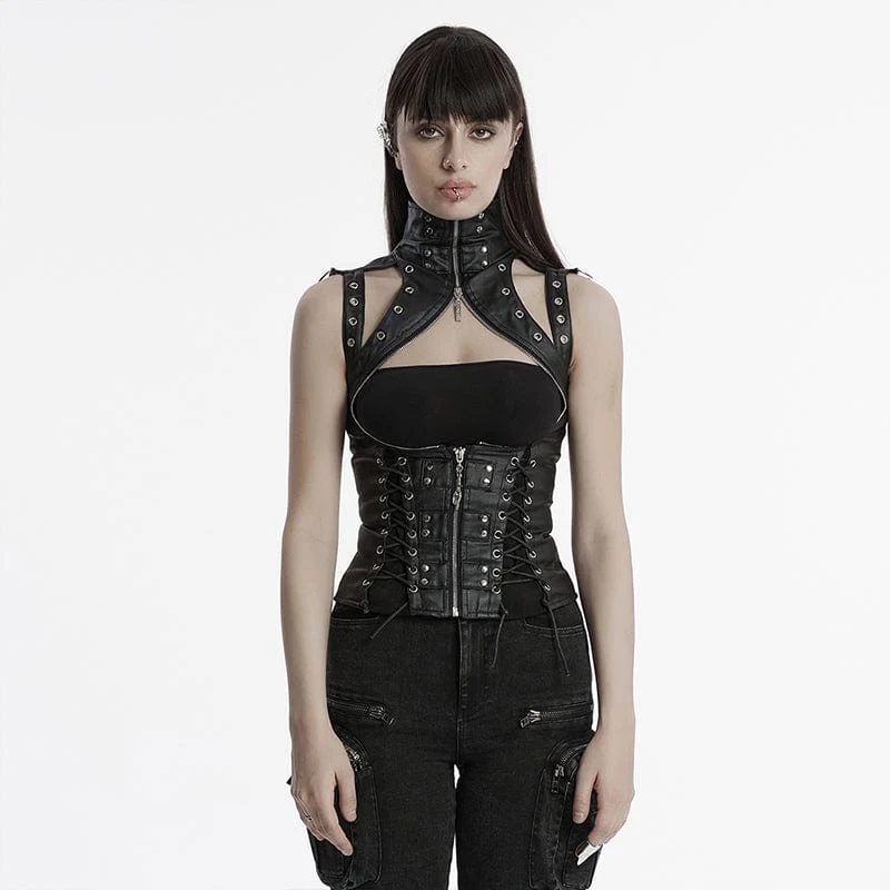 Steampunk-Korsett mit dominantem hohem Kragen und Nieten für Damen