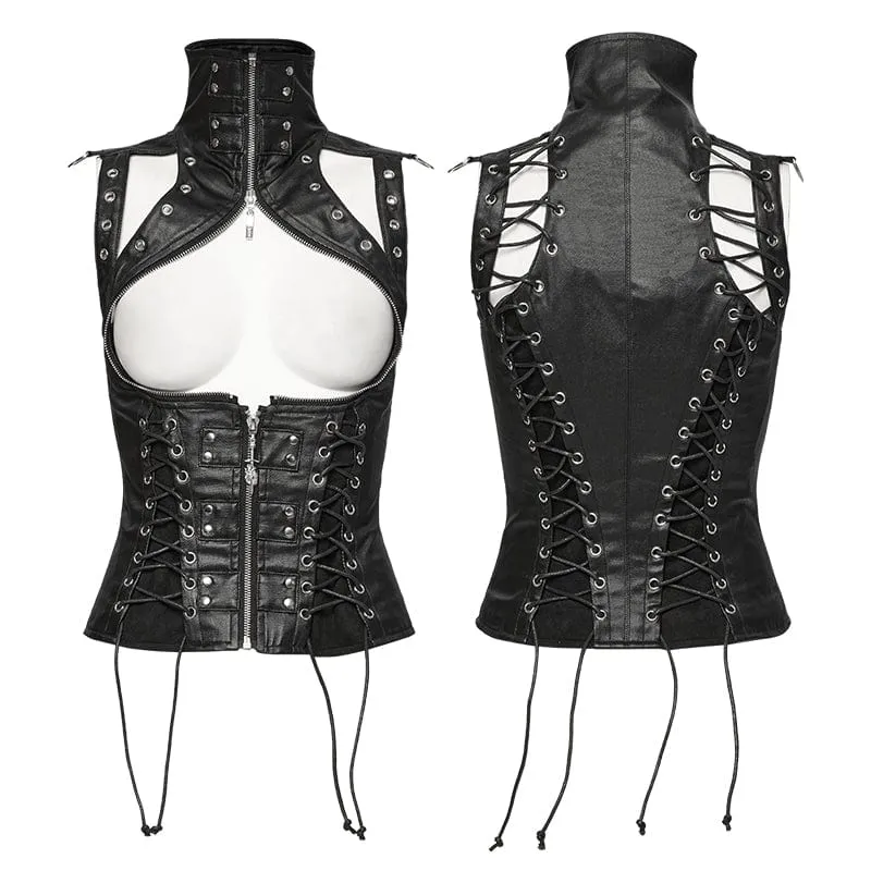 Steampunk-Korsett mit dominantem hohem Kragen und Nieten für Damen