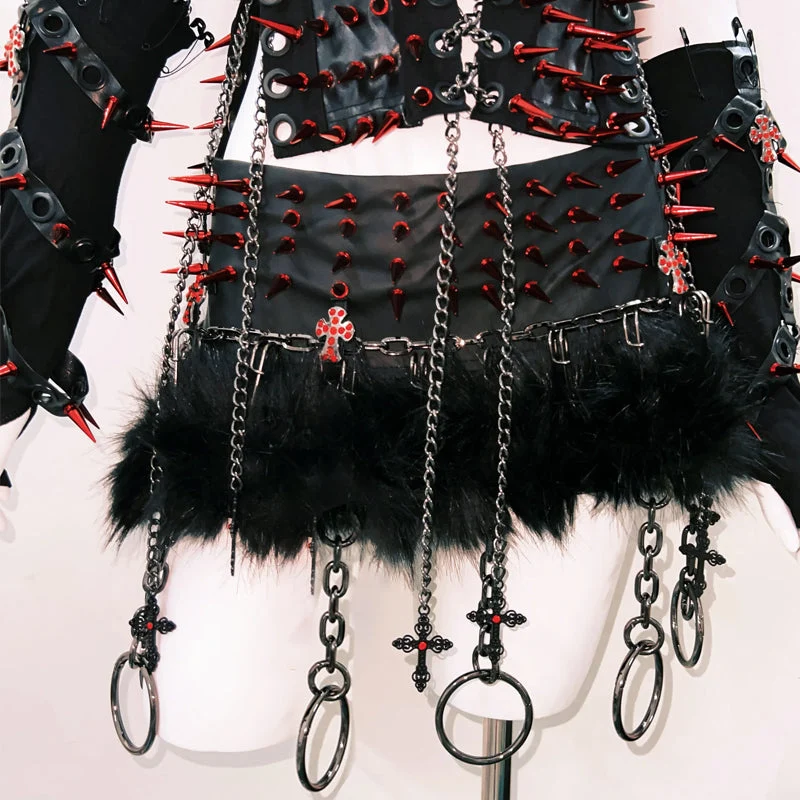Metal chain lace up rivet applique zip-up top