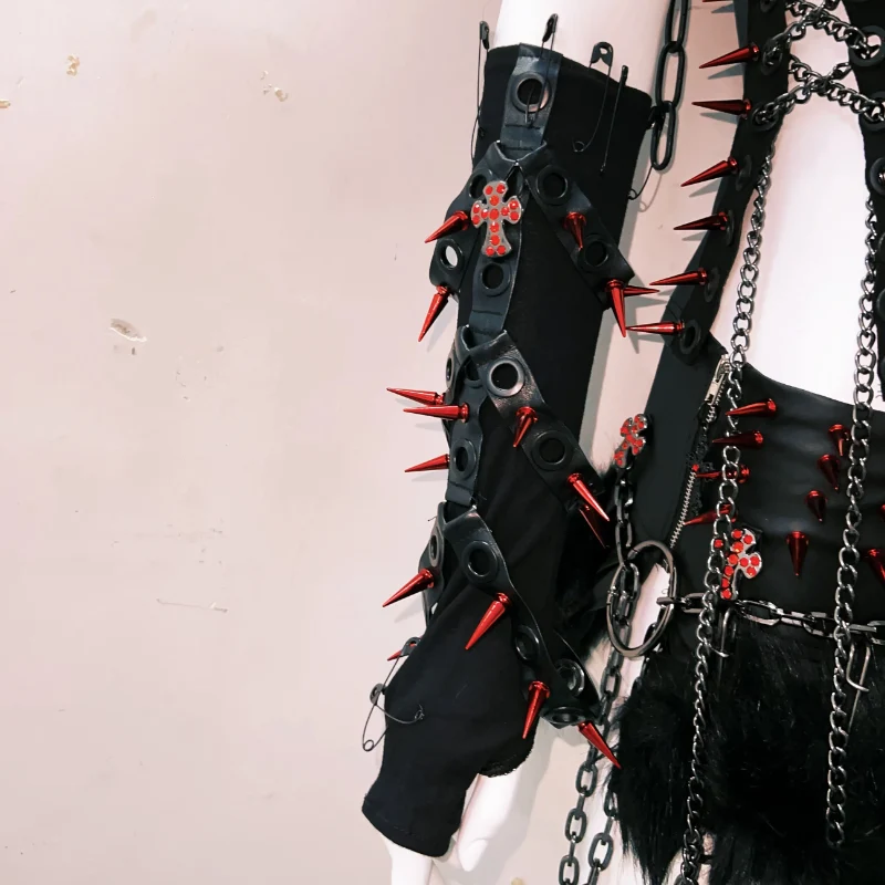 Metal chain lace up rivet applique zip-up top