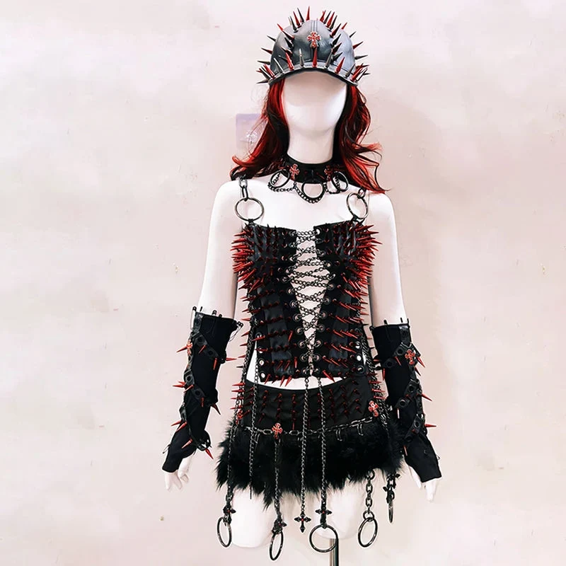 Metal chain lace up rivet applique zip-up top