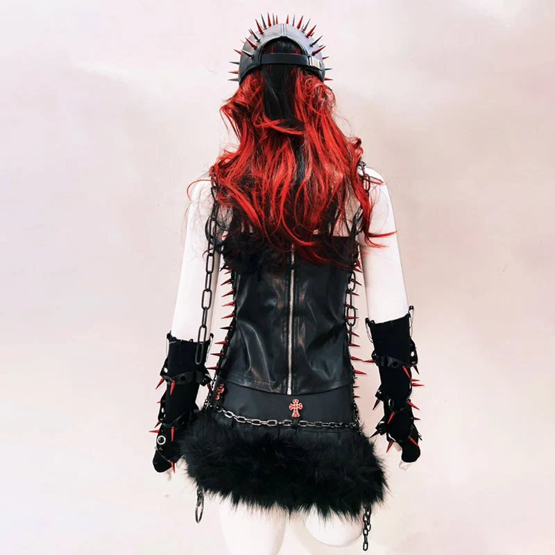 Metal chain lace up rivet applique zip-up top