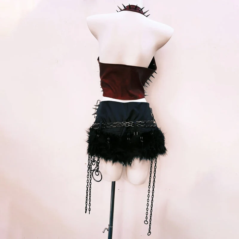 Halter rivet applique metal chain lace up top