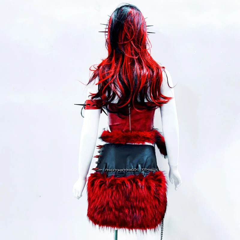 Metal chain o ring fluffy PU leather tube top