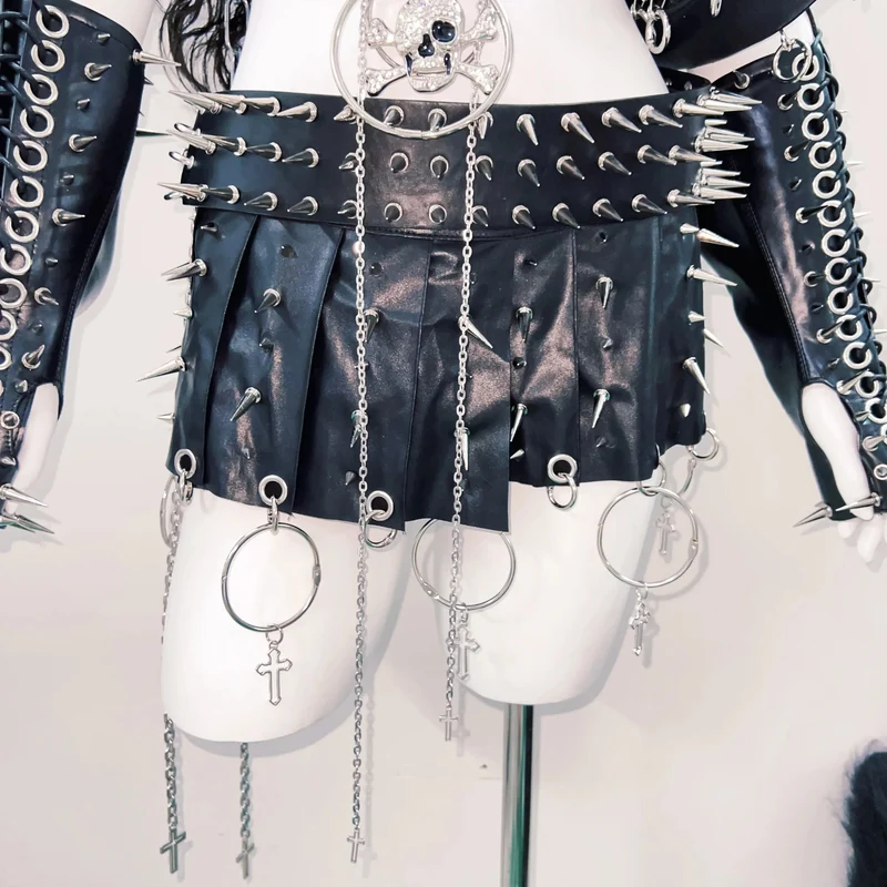 Leather lace up metal chain rivet applique top
