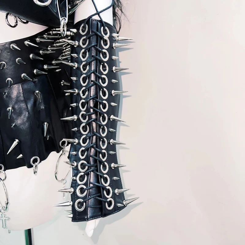 Leather lace up metal chain rivet applique top