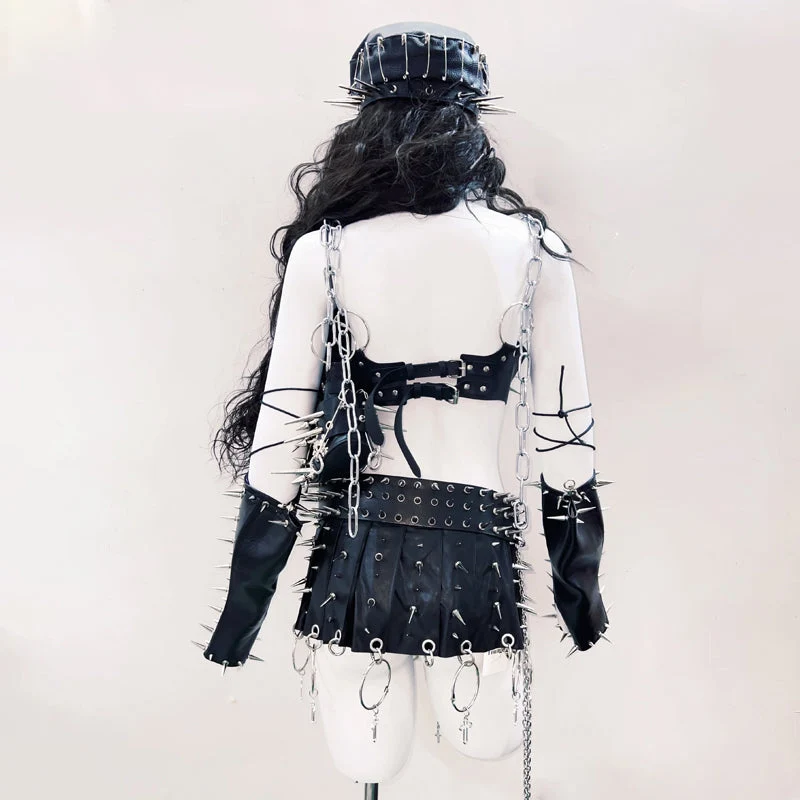 Leather lace up metal chain rivet applique top