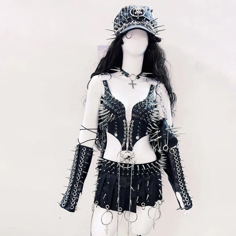 Leather lace up metal chain rivet applique top