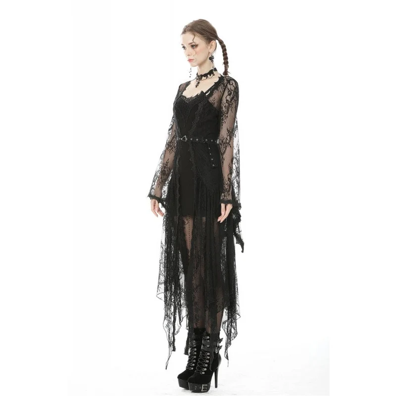 Damen Vintage Gothic Sheer Floral Lace Maxi Cape mit Gürteln