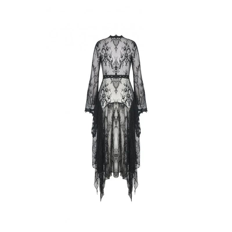 Damen Vintage Gothic Sheer Floral Lace Maxi Cape mit Gürteln