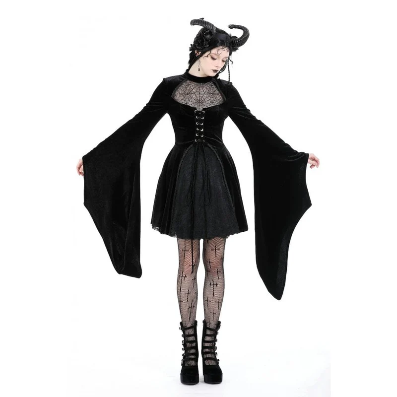 Damen-Brautkleid im Gothic-Stil mit ausgestellten Ärmeln, Spinnennetz und Spleiß-Samt