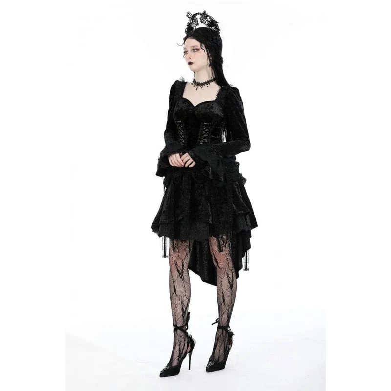 Damen-Gothic-Lagen-High-Low-Samtkleid