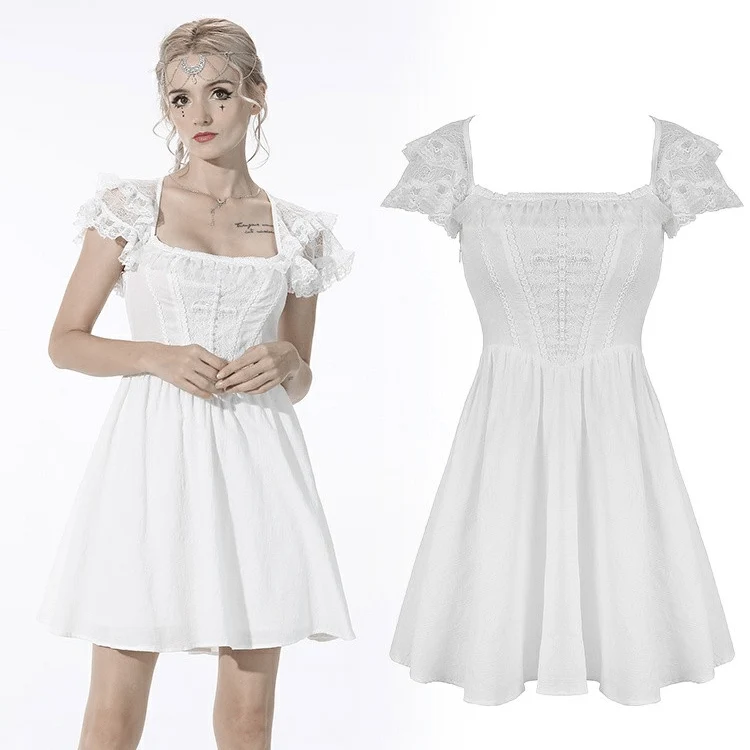 Weißes Gothic-Kleid für Damen mit Lagenlook, Kragen und Trägern, Abschlusskleid