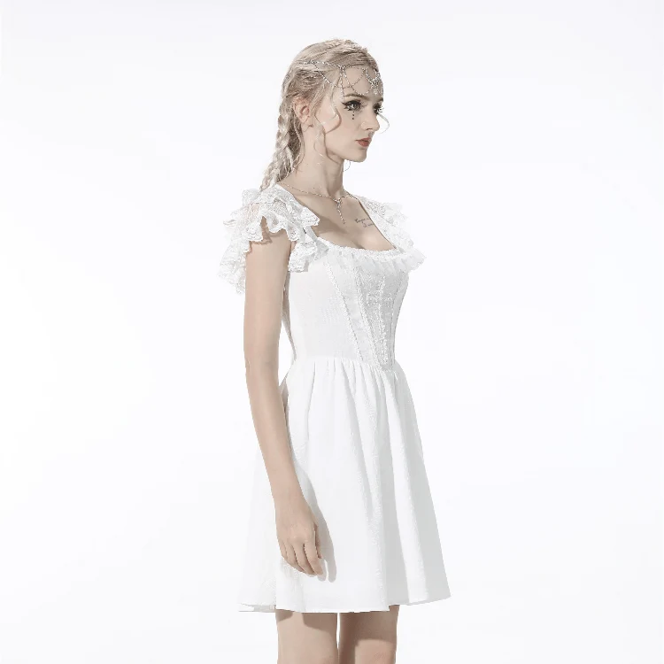 Weißes Gothic-Kleid für Damen mit Lagenlook, Kragen und Trägern, Abschlusskleid
