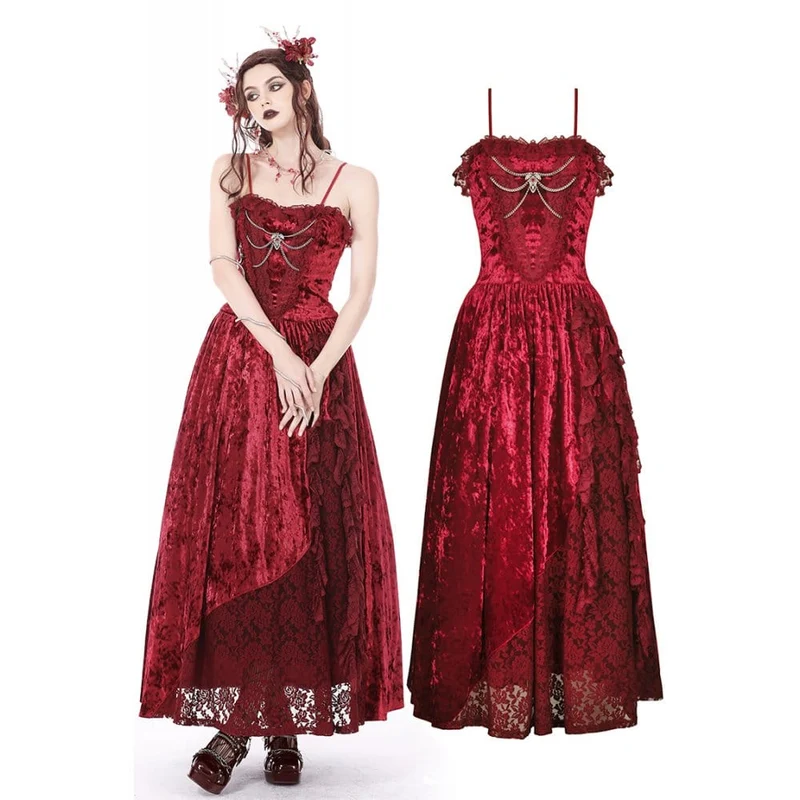 Gothic Lace Splice Velvet Slip Dress für Damen