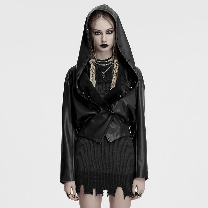 Damen Punk Elastische Taille Kunstleder Kapuzenjacke Schwarz