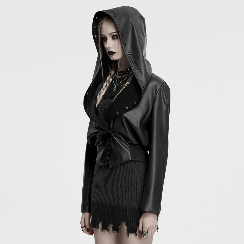 Damen Punk Elastische Taille Kunstleder Kapuzenjacke Schwarz