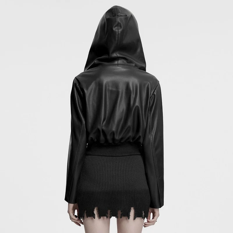 Damen Punk Elastische Taille Kunstleder Kapuzenjacke Schwarz
