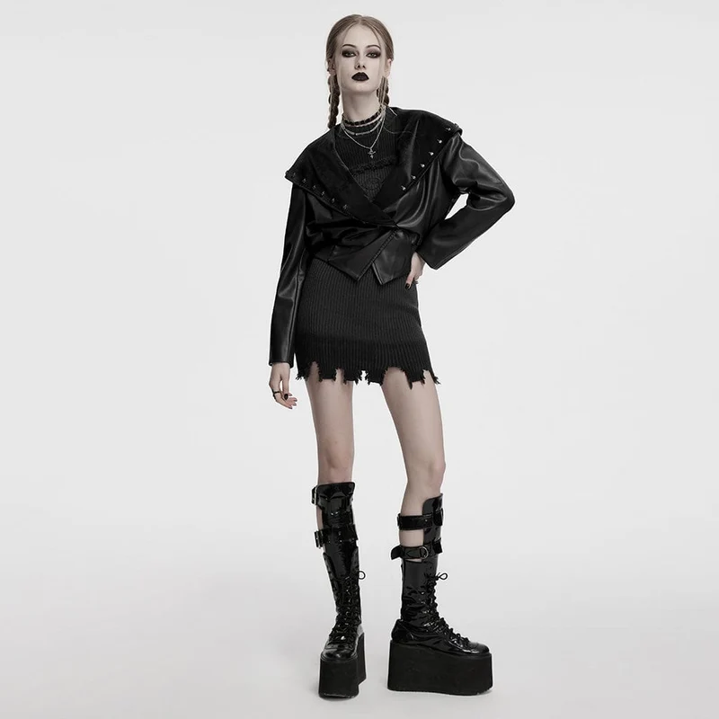 Damen Punk Elastische Taille Kunstleder Kapuzenjacke Schwarz