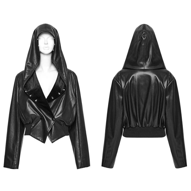 Damen Punk Elastische Taille Kunstleder Kapuzenjacke Schwarz
