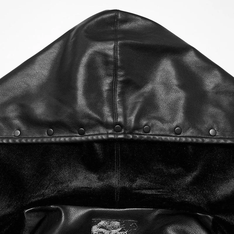 Damen Punk Elastische Taille Kunstleder Kapuzenjacke Schwarz