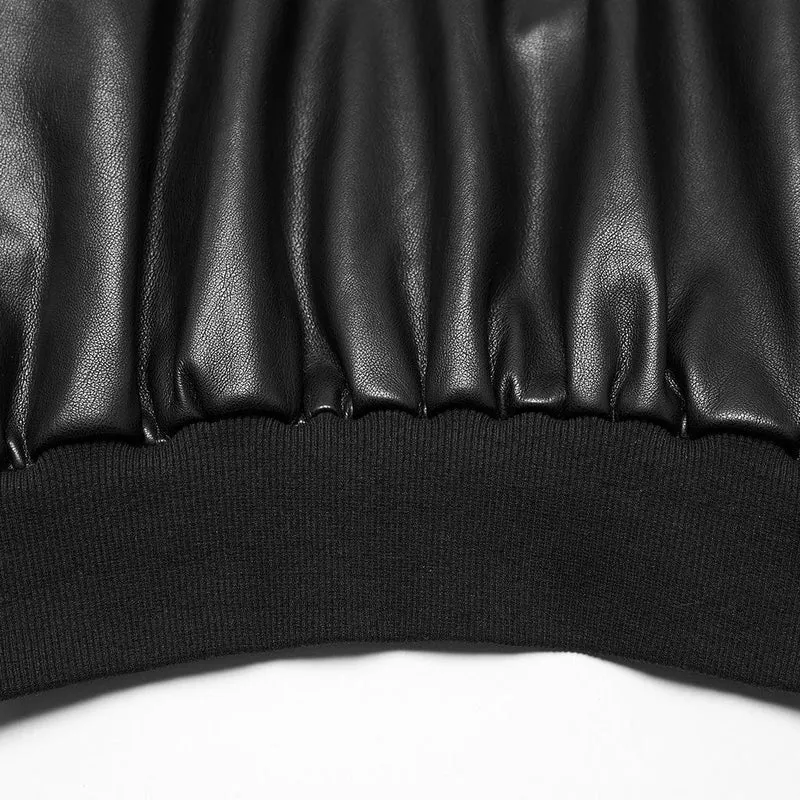 Damen Punk Elastische Taille Kunstleder Kapuzenjacke Schwarz