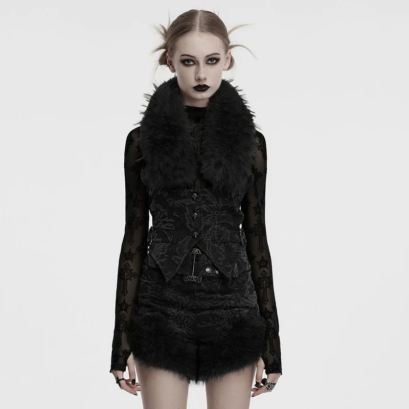 Damen Gothic Neckholder Jacquard Jeansweste mit Kunstpelzkragen Schwarz