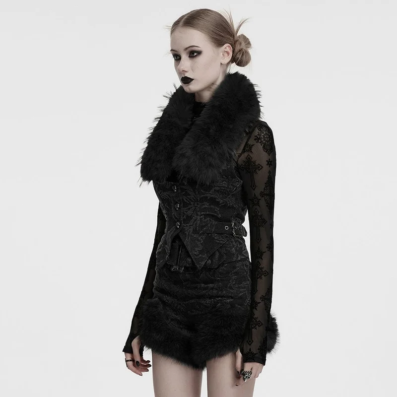 Damen Gothic Neckholder Jacquard Jeansweste mit Kunstpelzkragen Schwarz