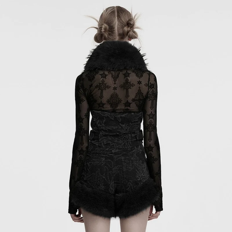 Damen Gothic Neckholder Jacquard Jeansweste mit Kunstpelzkragen Schwarz