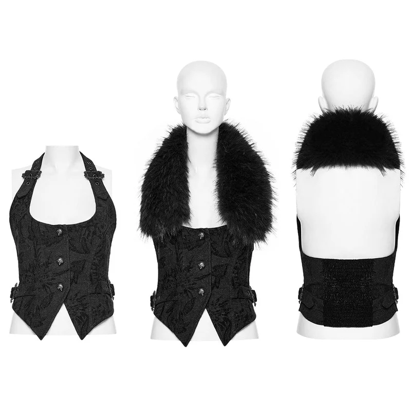 Damen Gothic Neckholder Jacquard Jeansweste mit Kunstpelzkragen Schwarz