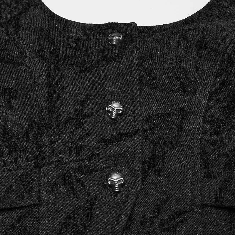 Damen Gothic Neckholder Jacquard Jeansweste mit Kunstpelzkragen Schwarz